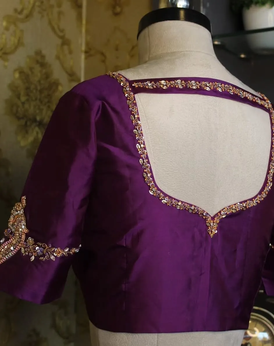 Violet Pure Silk Blouse with Gold Aari Work | Sweetheart Back Neck with Cut Out | Elbow Sleeves with Embroidered Motif | Bridal Wear