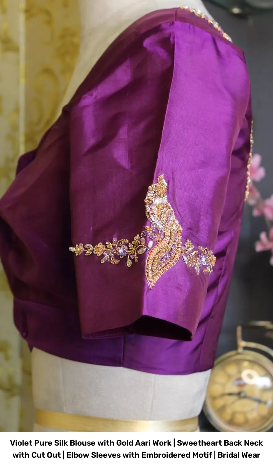 Violet Pure Silk Blouse with Gold Aari Work | Sweetheart Back Neck with Cut Out | Elbow Sleeves with Embroidered Motif | Bridal Wear 3