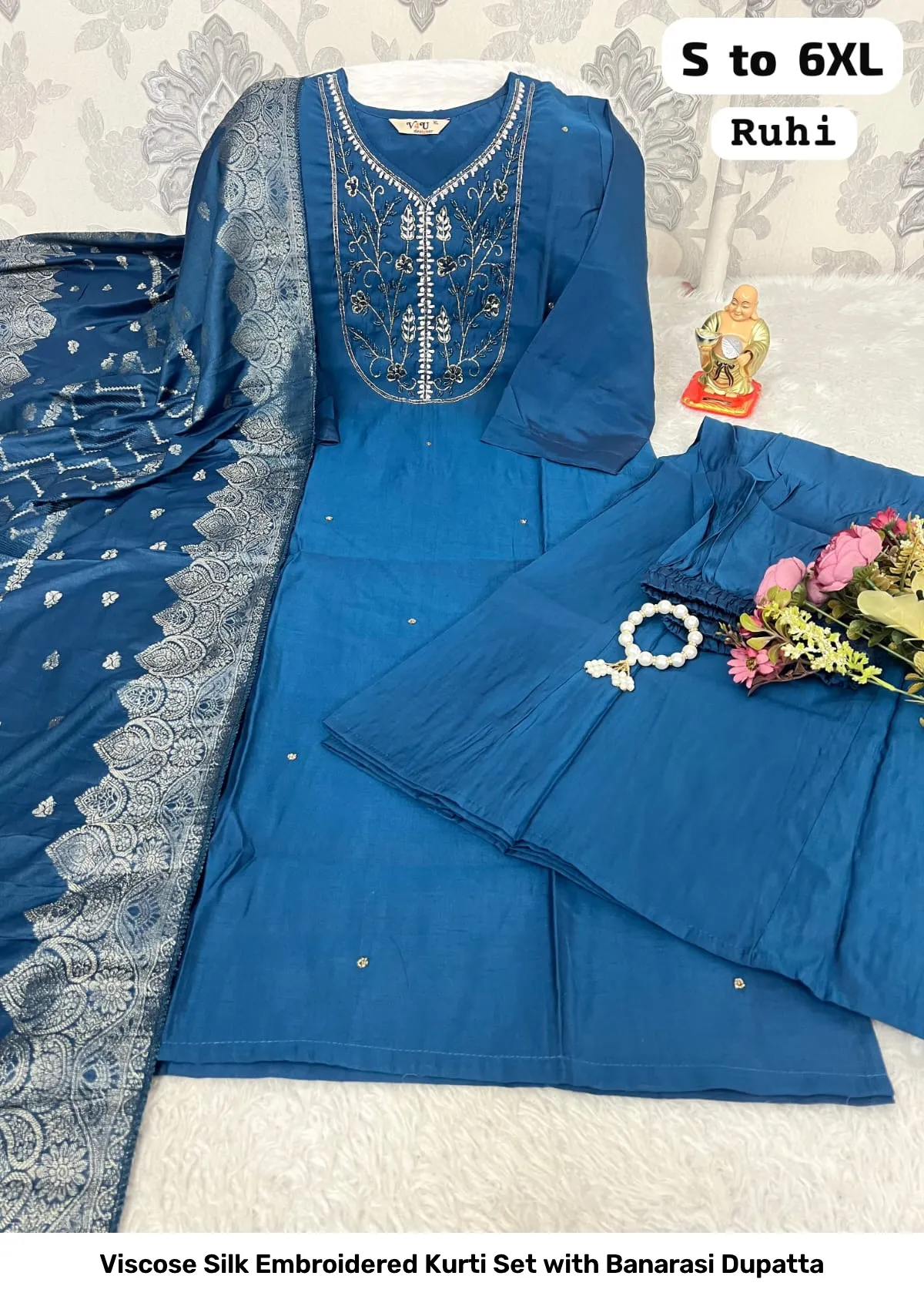 Viscose Silk Embroidered Kurti Set with Banarasi Dupatta 10