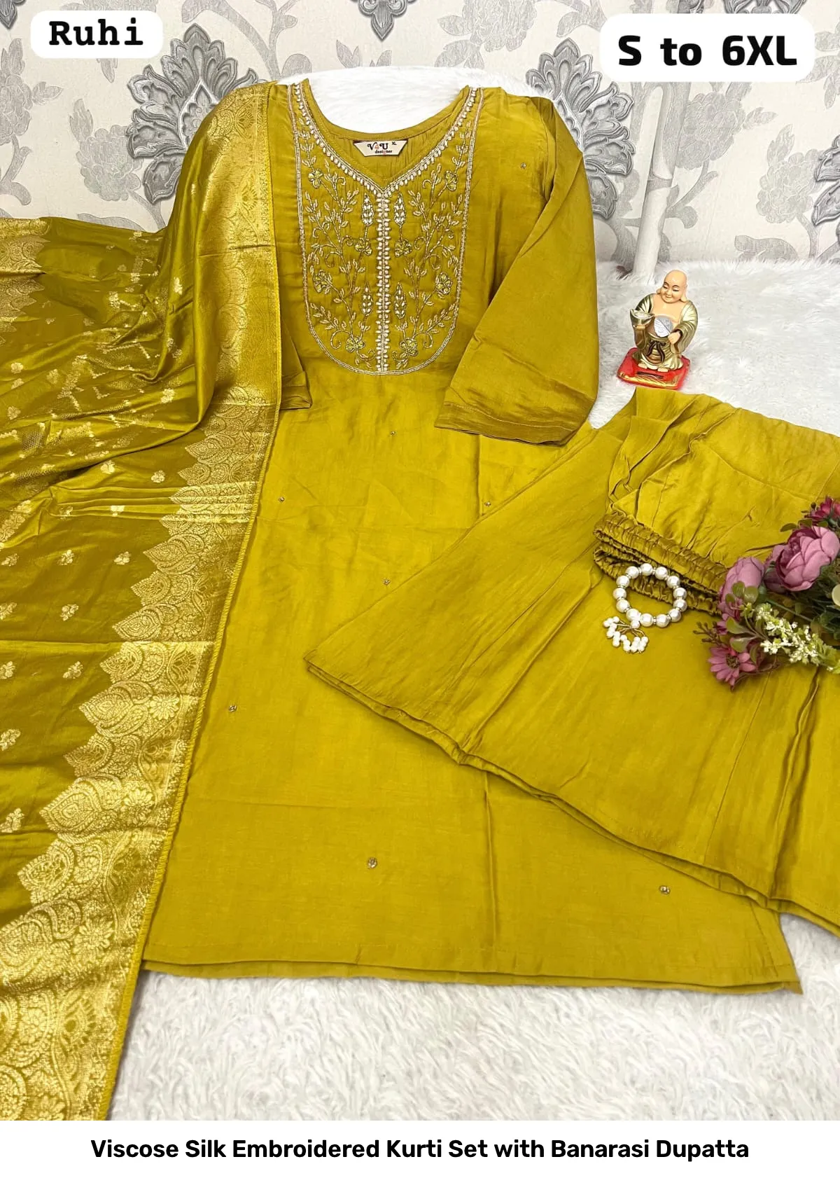 Viscose Silk Embroidered Kurti Set with Banarasi Dupatta 11
