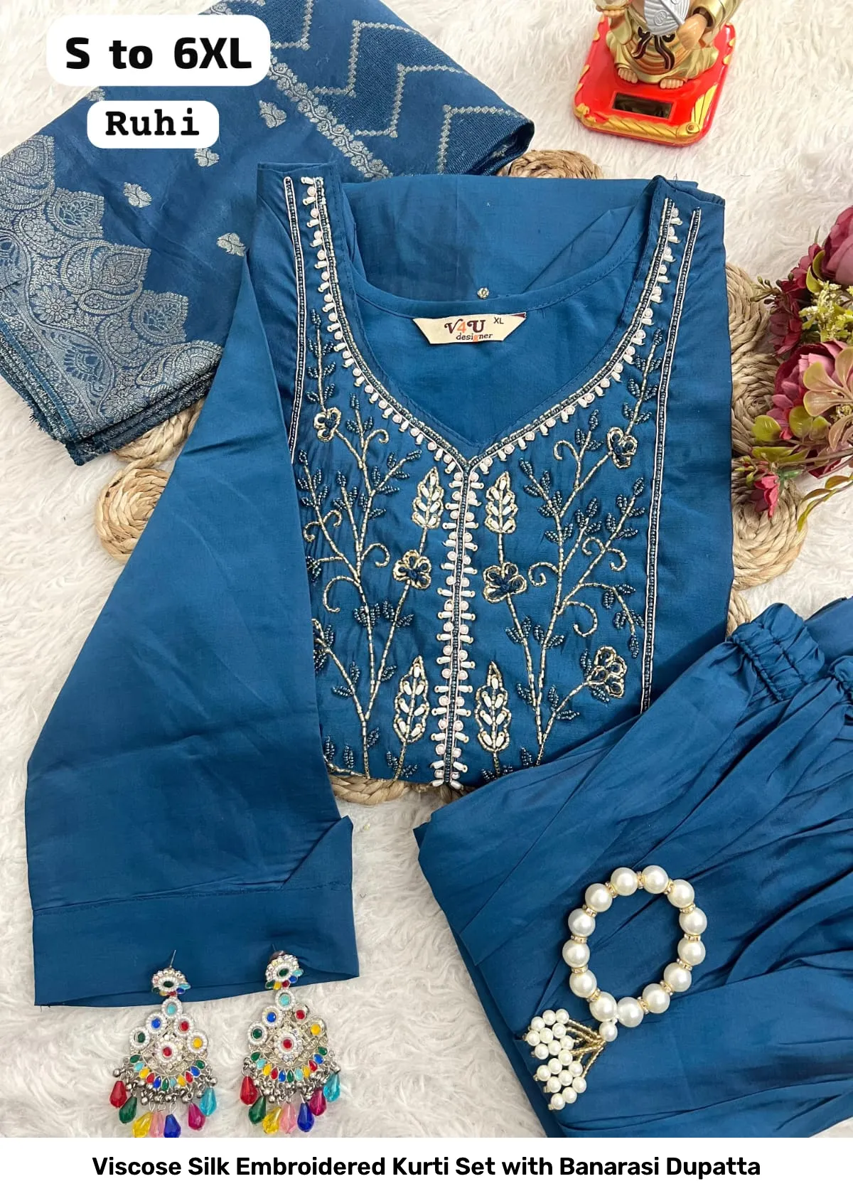 Viscose Silk Embroidered Kurti Set with Banarasi Dupatta 12