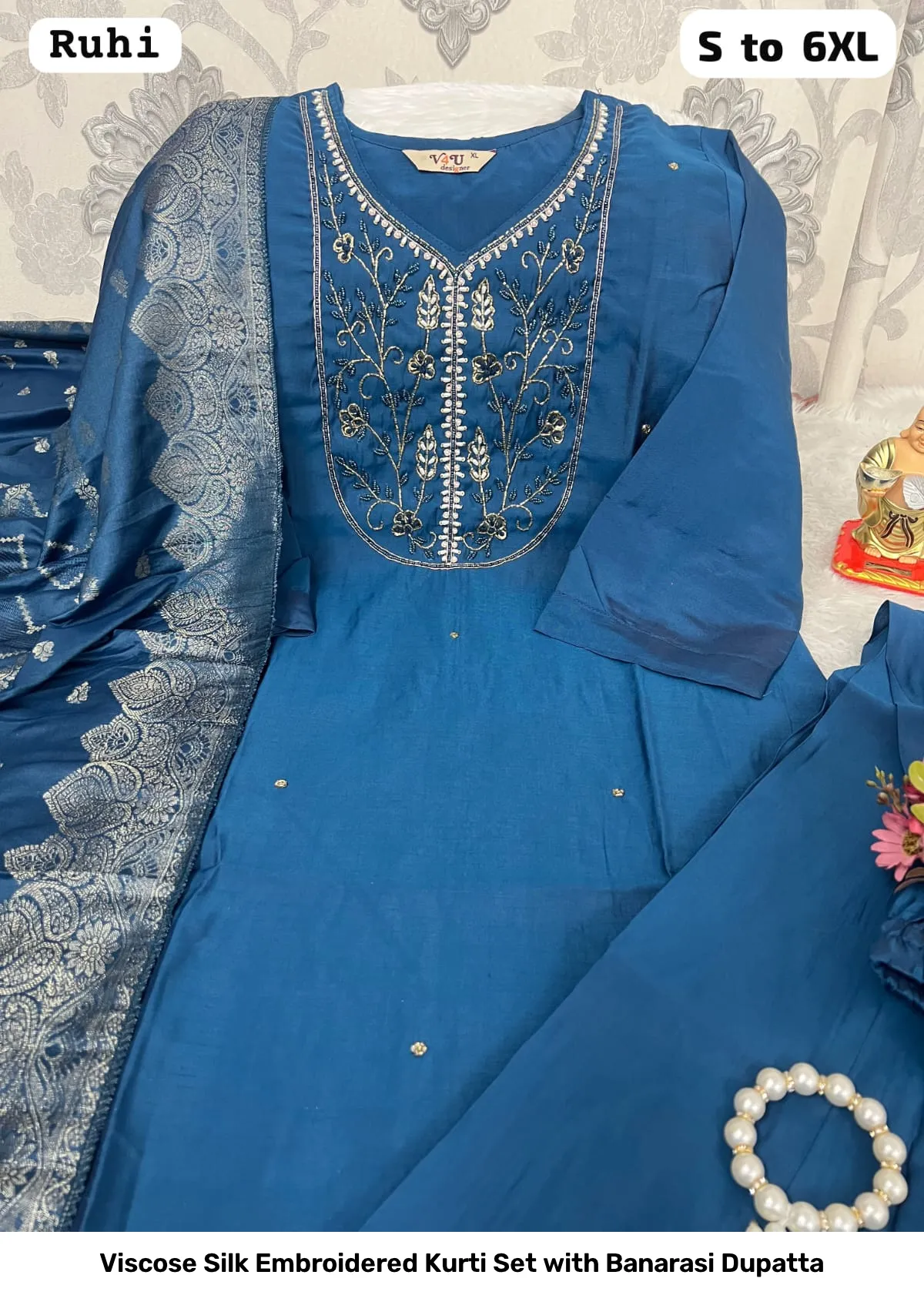 Viscose Silk Embroidered Kurti Set with Banarasi Dupatta 2