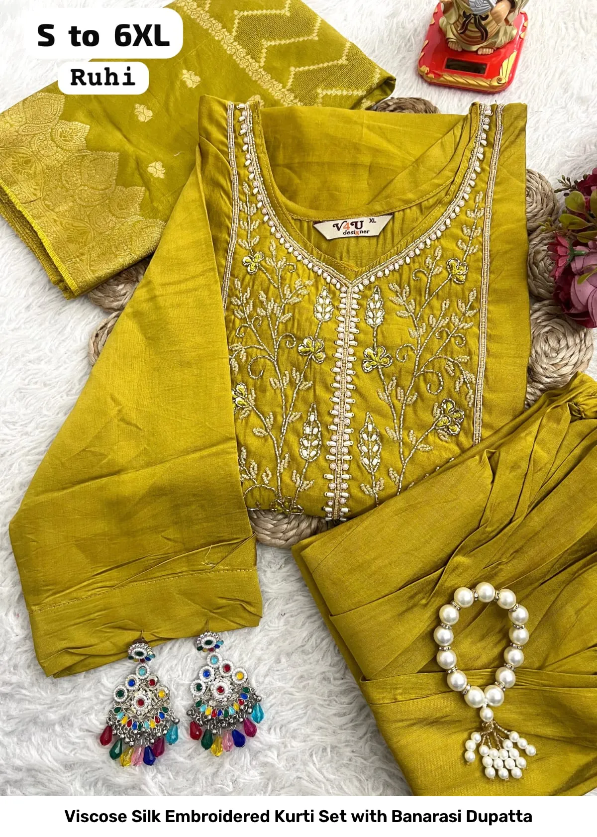 Viscose Silk Embroidered Kurti Set with Banarasi Dupatta 3
