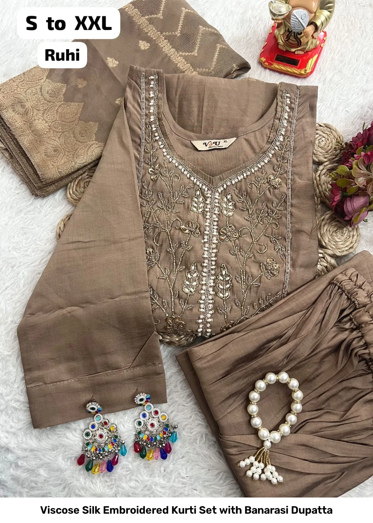 Viscose Silk Embroidered Kurti Set with Banarasi Dupatta 4