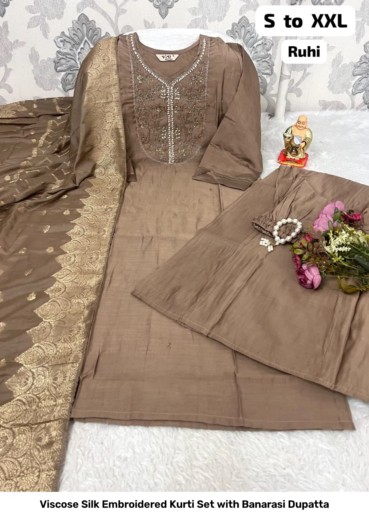 Viscose Silk Embroidered Kurti Set with Banarasi Dupatta 6