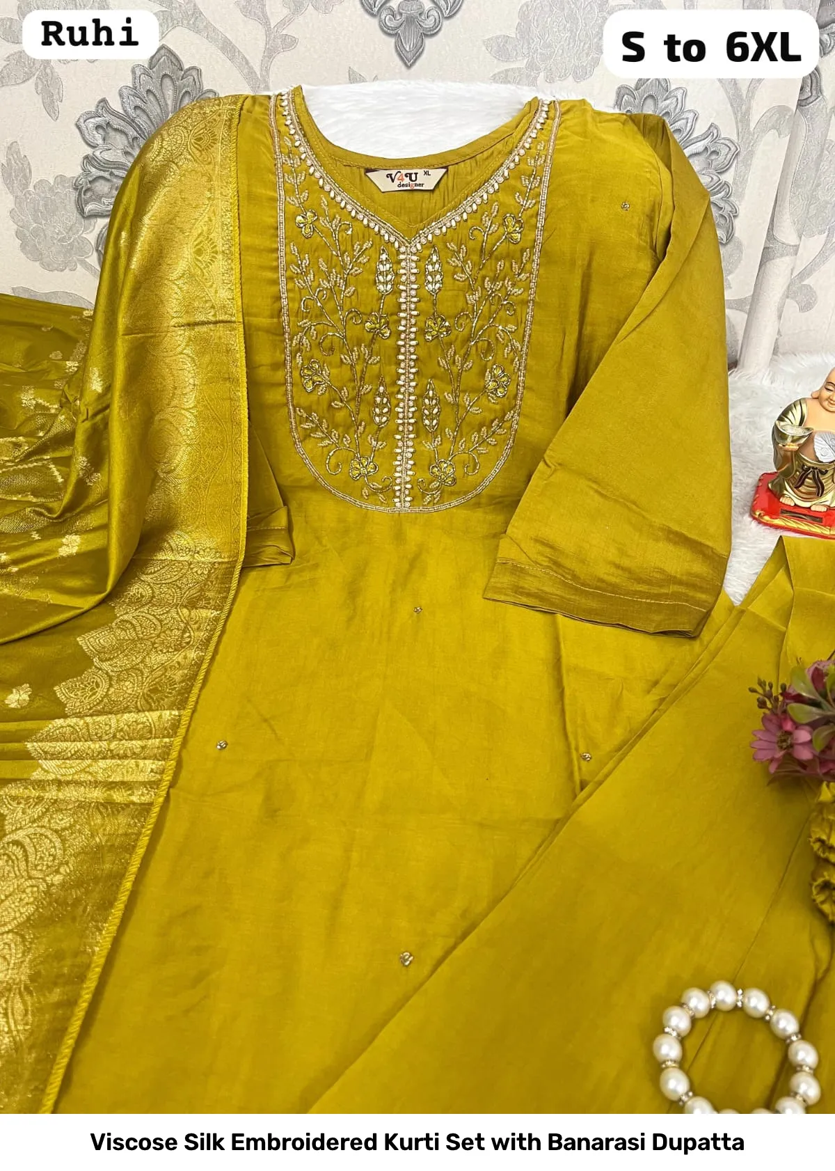 Viscose Silk Embroidered Kurti Set with Banarasi Dupatta 7