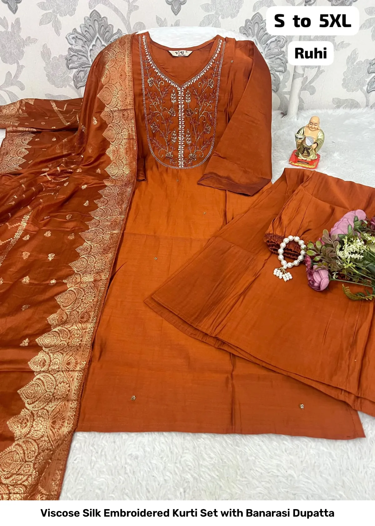 Viscose Silk Embroidered Kurti Set with Banarasi Dupatta 8