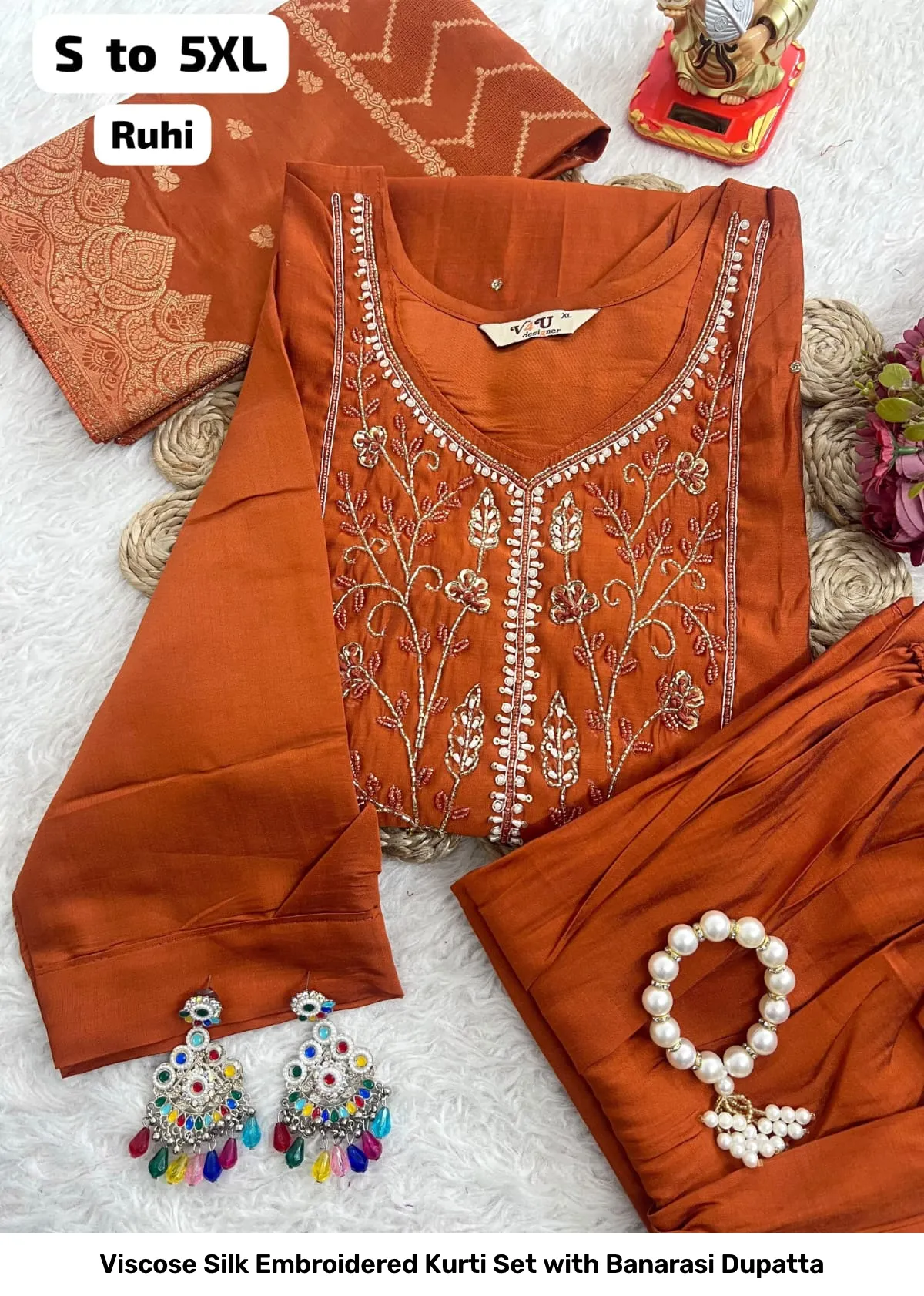 Viscose Silk Embroidered Kurti Set with Banarasi Dupatta 9