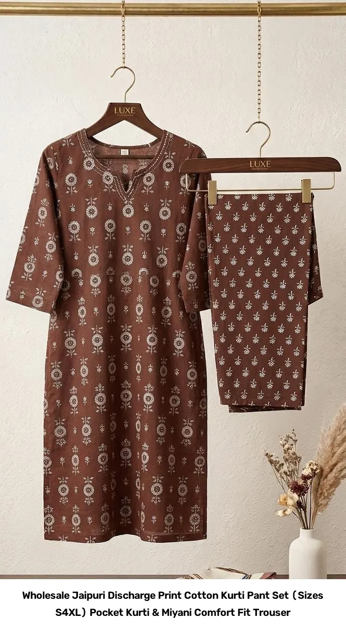Wholesale Jaipuri Discharge Print Cotton Kurti Pant Set (Sizes S–4XL) – Pocket Kurti & Miyani Comfort Fit Trouser 10