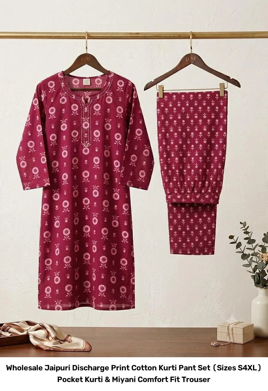 Wholesale Jaipuri Discharge Print Cotton Kurti Pant Set (Sizes S–4XL) – Pocket Kurti & Miyani Comfort Fit Trouser 11