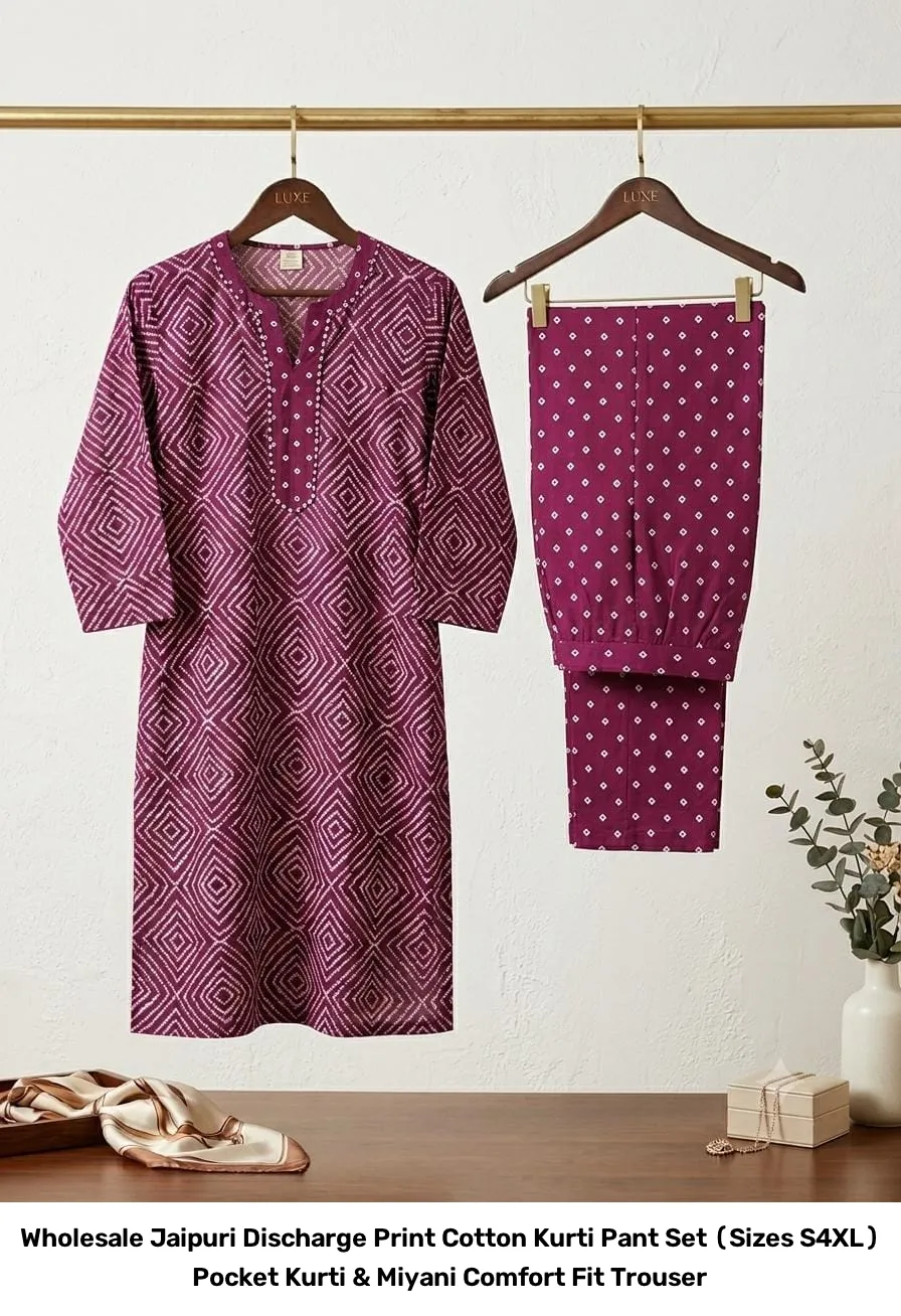 Wholesale Jaipuri Discharge Print Cotton Kurti Pant Set (Sizes S–4XL) – Pocket Kurti & Miyani Comfort Fit Trouser 12
