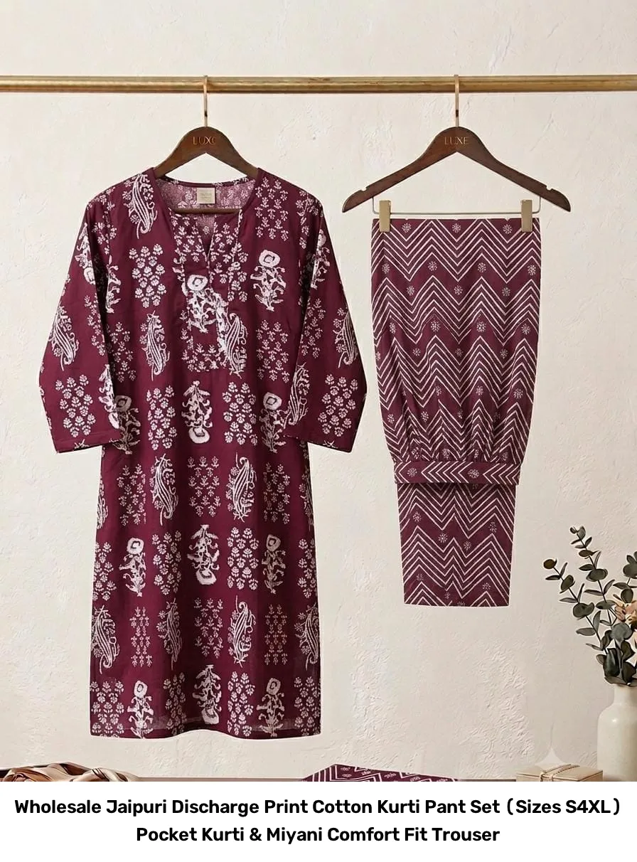 Wholesale Jaipuri Discharge Print Cotton Kurti Pant Set (Sizes S–4XL) – Pocket Kurti & Miyani Comfort Fit Trouser 13