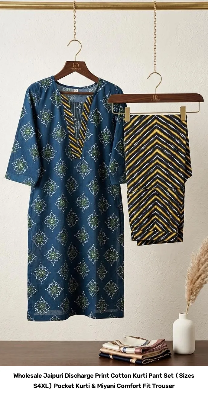 Wholesale Jaipuri Discharge Print Cotton Kurti Pant Set (Sizes S–4XL) – Pocket Kurti & Miyani Comfort Fit Trouser 14