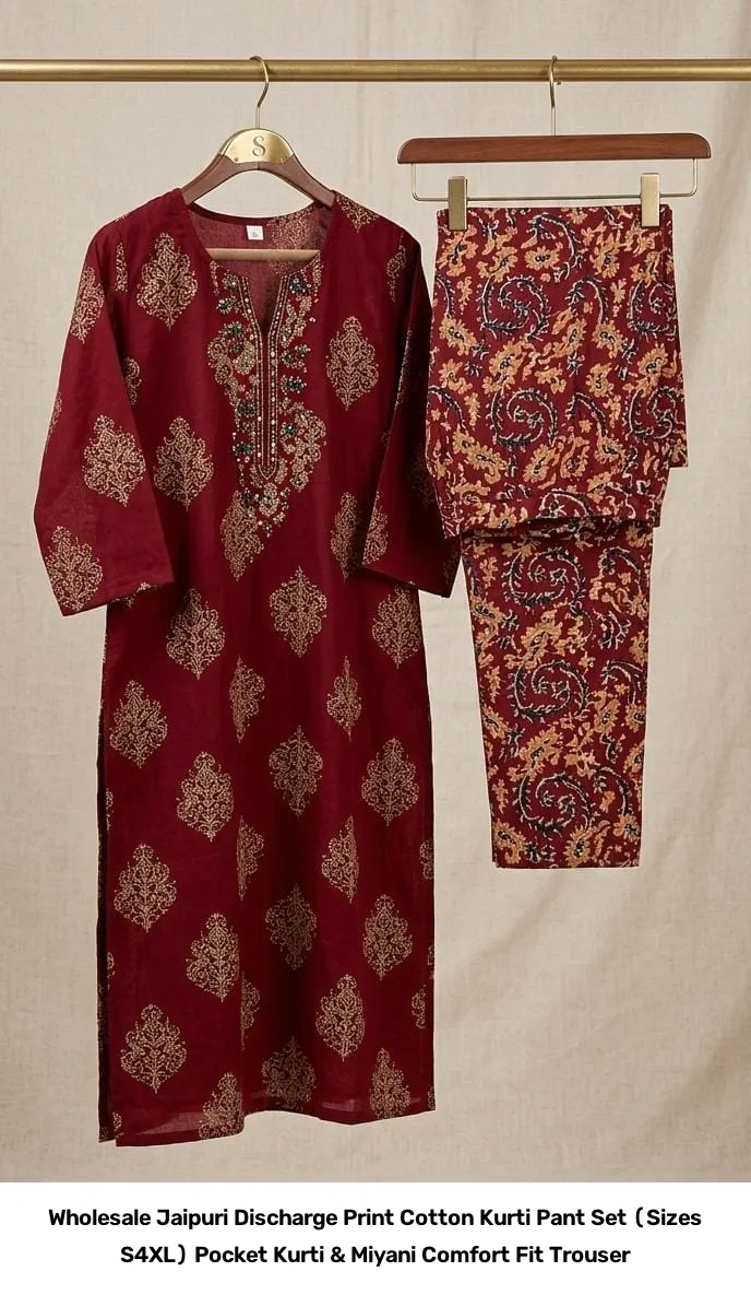 Wholesale Jaipuri Discharge Print Cotton Kurti Pant Set (Sizes S–4XL) – Pocket Kurti & Miyani Comfort Fit Trouser 2