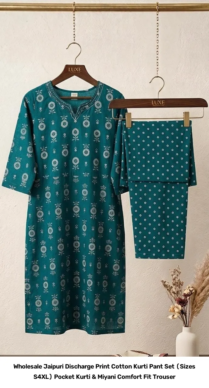 Wholesale Jaipuri Discharge Print Cotton Kurti Pant Set (Sizes S–4XL) – Pocket Kurti & Miyani Comfort Fit Trouser 3