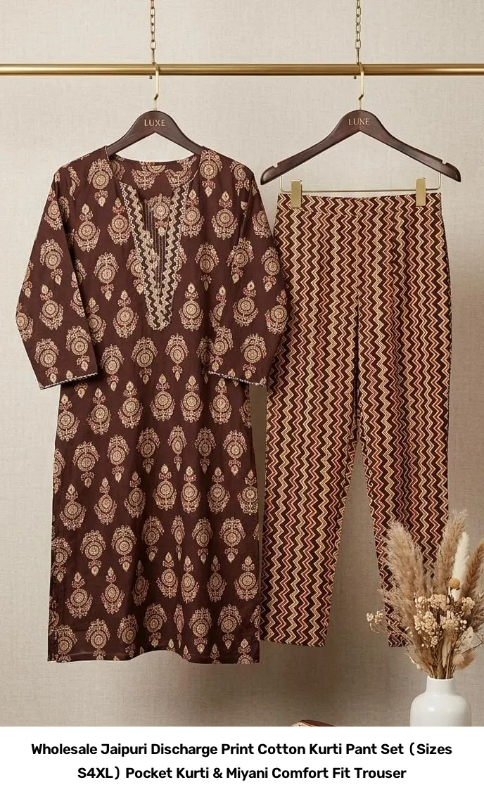 Wholesale Jaipuri Discharge Print Cotton Kurti Pant Set (Sizes S–4XL) – Pocket Kurti & Miyani Comfort Fit Trouser 4