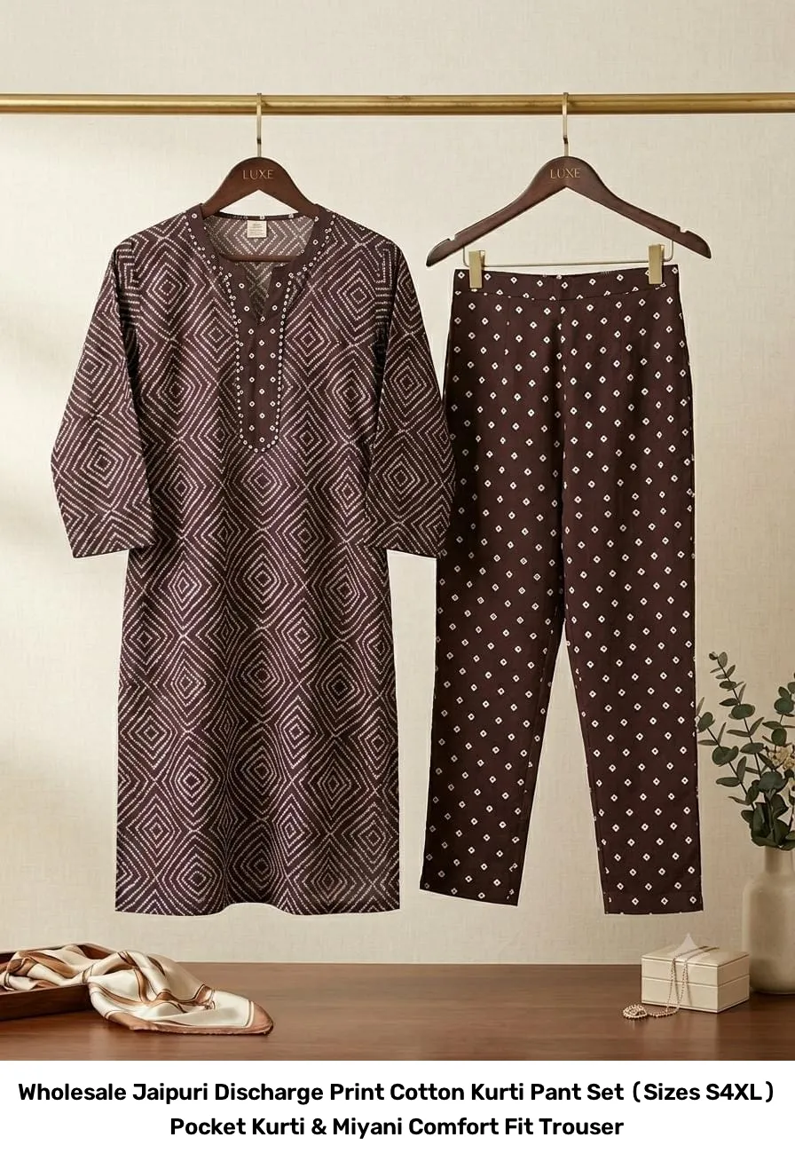 Wholesale Jaipuri Discharge Print Cotton Kurti Pant Set (Sizes S–4XL) – Pocket Kurti & Miyani Comfort Fit Trouser 5