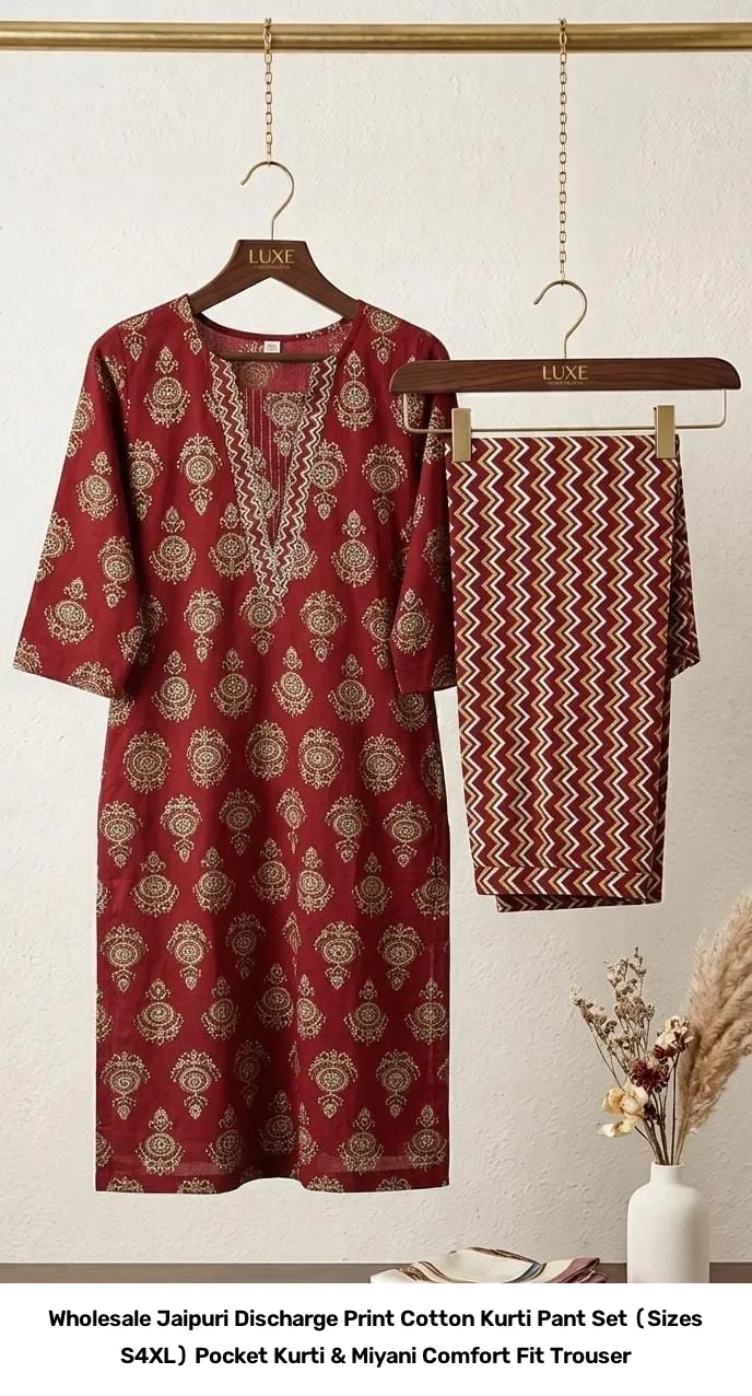 Wholesale Jaipuri Discharge Print Cotton Kurti Pant Set (Sizes S–4XL) – Pocket Kurti & Miyani Comfort Fit Trouser 6