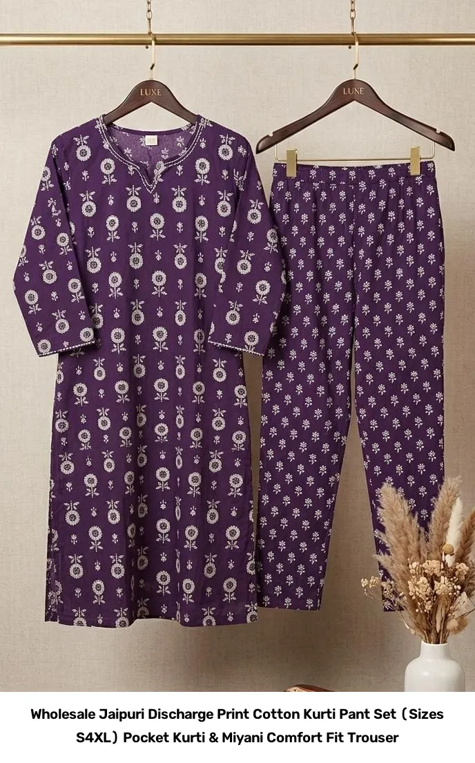 Wholesale Jaipuri Discharge Print Cotton Kurti Pant Set (Sizes S–4XL) – Pocket Kurti & Miyani Comfort Fit Trouser 7