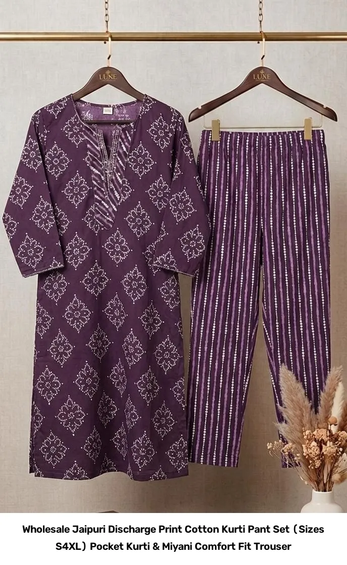 Wholesale Jaipuri Discharge Print Cotton Kurti Pant Set (Sizes S–4XL) – Pocket Kurti & Miyani Comfort Fit Trouser 8
