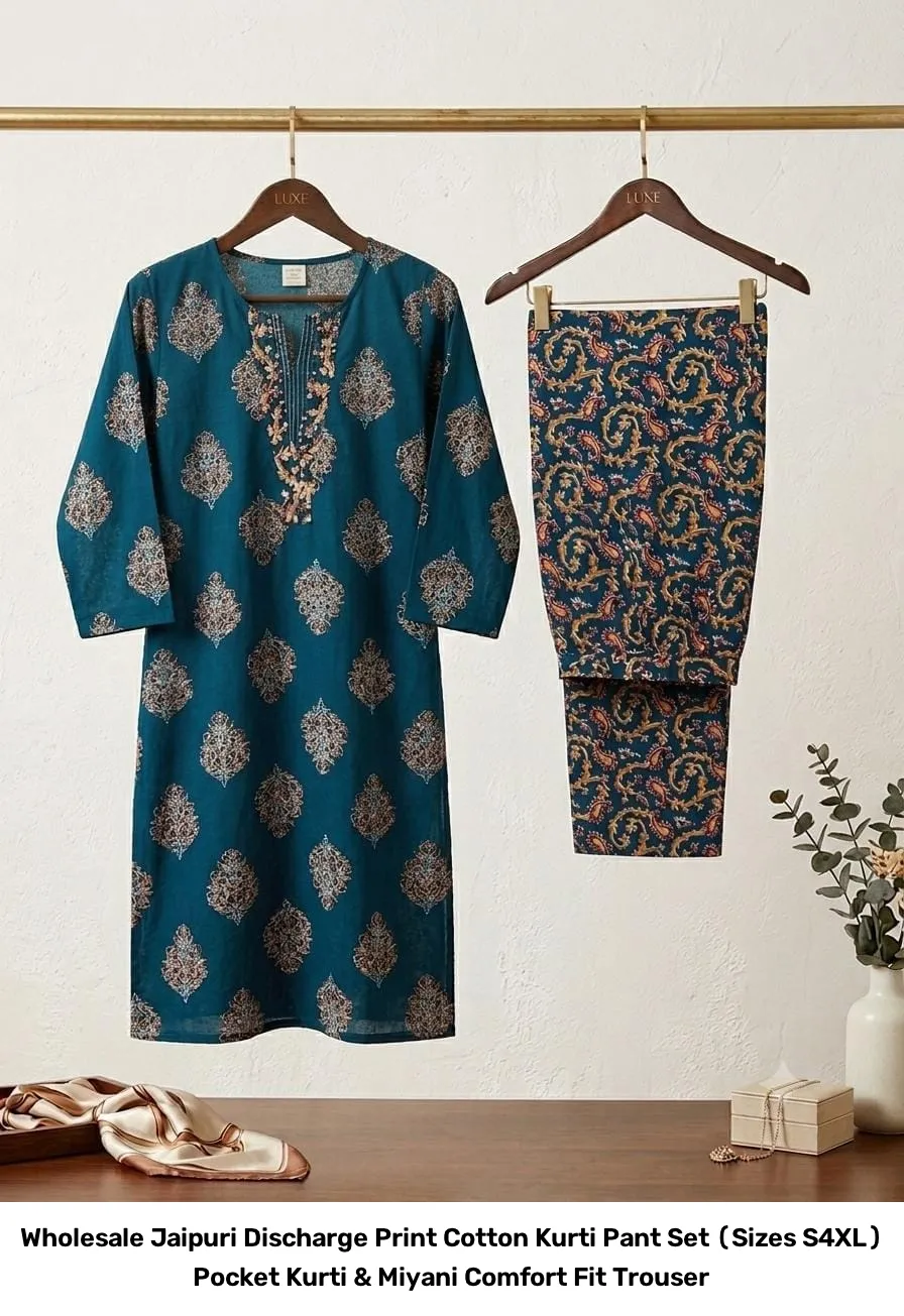 Wholesale Jaipuri Discharge Print Cotton Kurti Pant Set (Sizes S–4XL) – Pocket Kurti & Miyani Comfort Fit Trouser 9