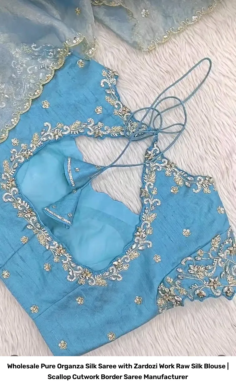 Wholesale Pure Organza Silk Saree with Zardozi Work Raw Silk Blouse | Scallop Cutwork Border Saree Manufacturer 2