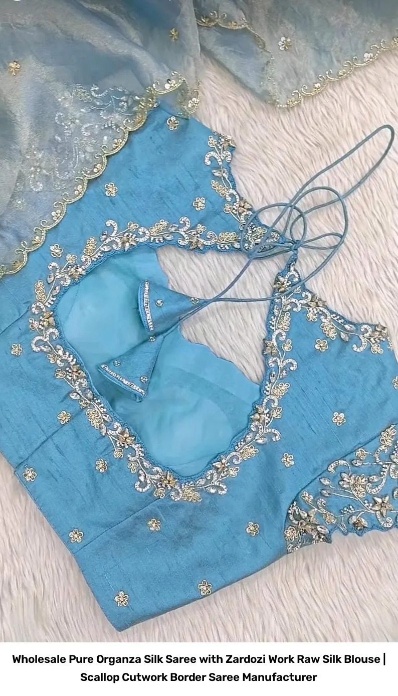 Wholesale Pure Organza Silk Saree with Zardozi Work Raw Silk Blouse | Scallop Cutwork Border Saree Manufacturer 9