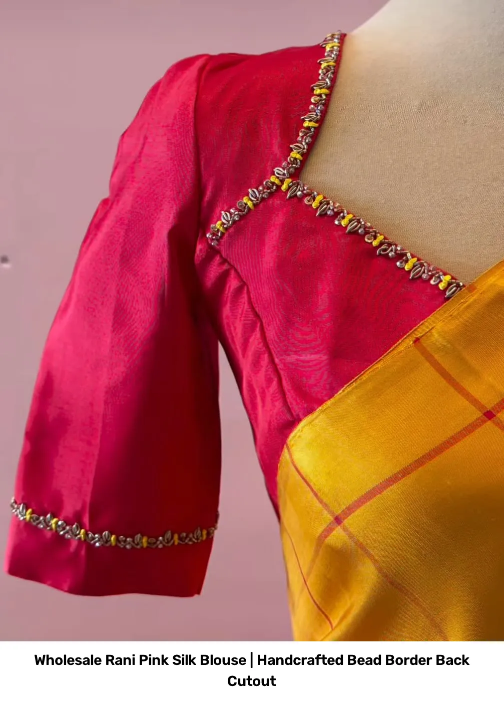 Wholesale Rani Pink Silk Blouse | Handcrafted Bead Border Back Cutout 3