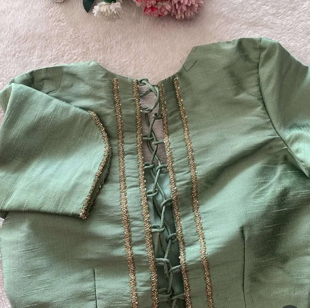 Wholesale Sage Green Raw Silk Blouse | Corset Dori Tie-Up Back