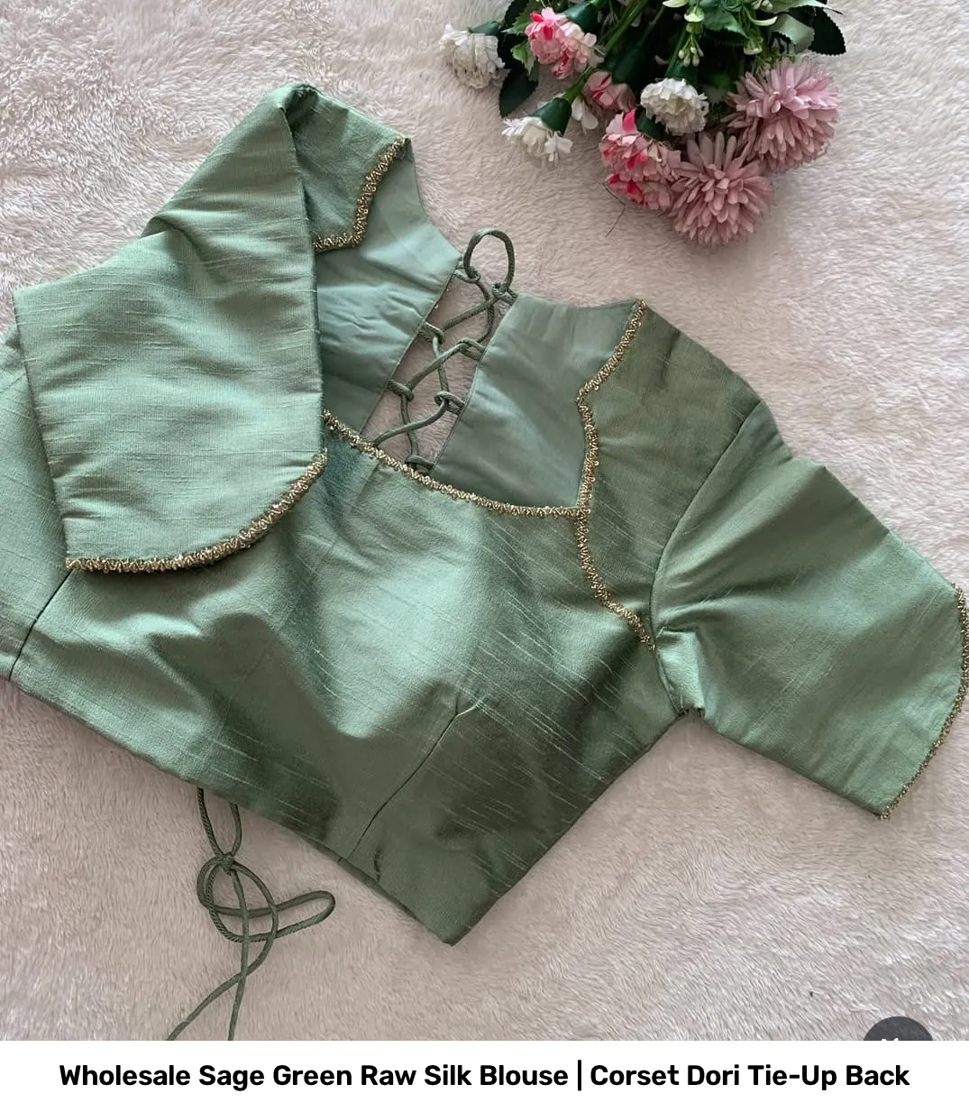 Wholesale Sage Green Raw Silk Blouse | Corset Dori Tie-Up Back 2