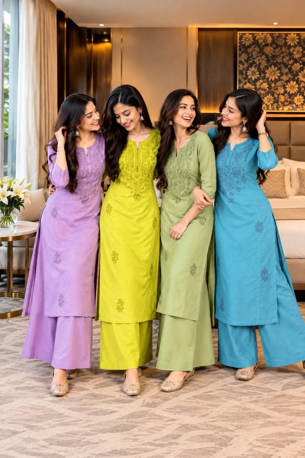 Wholesale Vatican Cotton Lucknowi Work Long Kurti with Plazo Set (XL–5XL) with Attached Inner – Set of 4 Colors