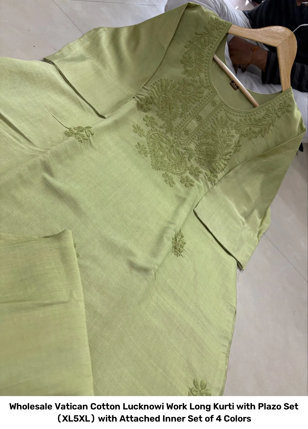 Wholesale Vatican Cotton Lucknowi Work Long Kurti with Plazo Set (XL–5XL) with Attached Inner – Set of 4 Colors 10