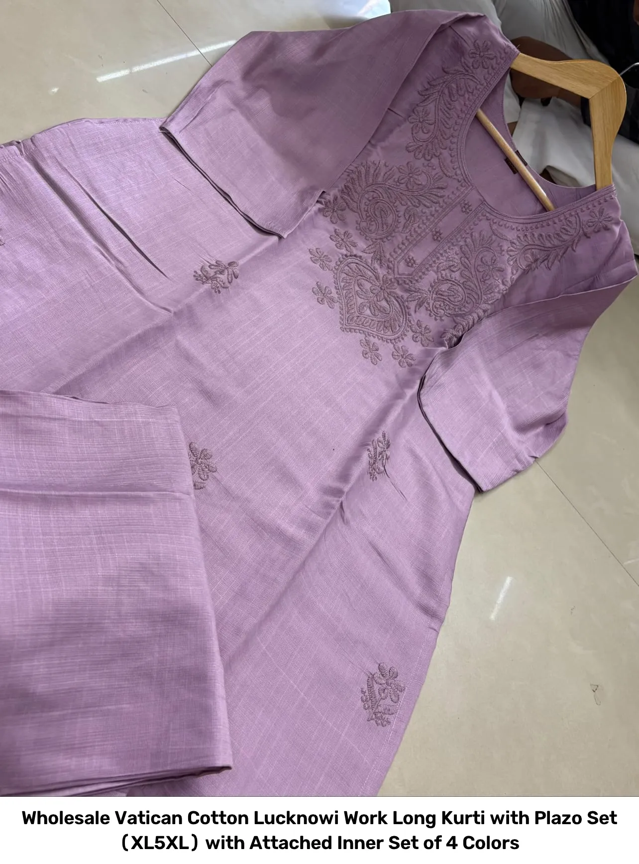 Wholesale Vatican Cotton Lucknowi Work Long Kurti with Plazo Set (XL–5XL) with Attached Inner – Set of 4 Colors 2