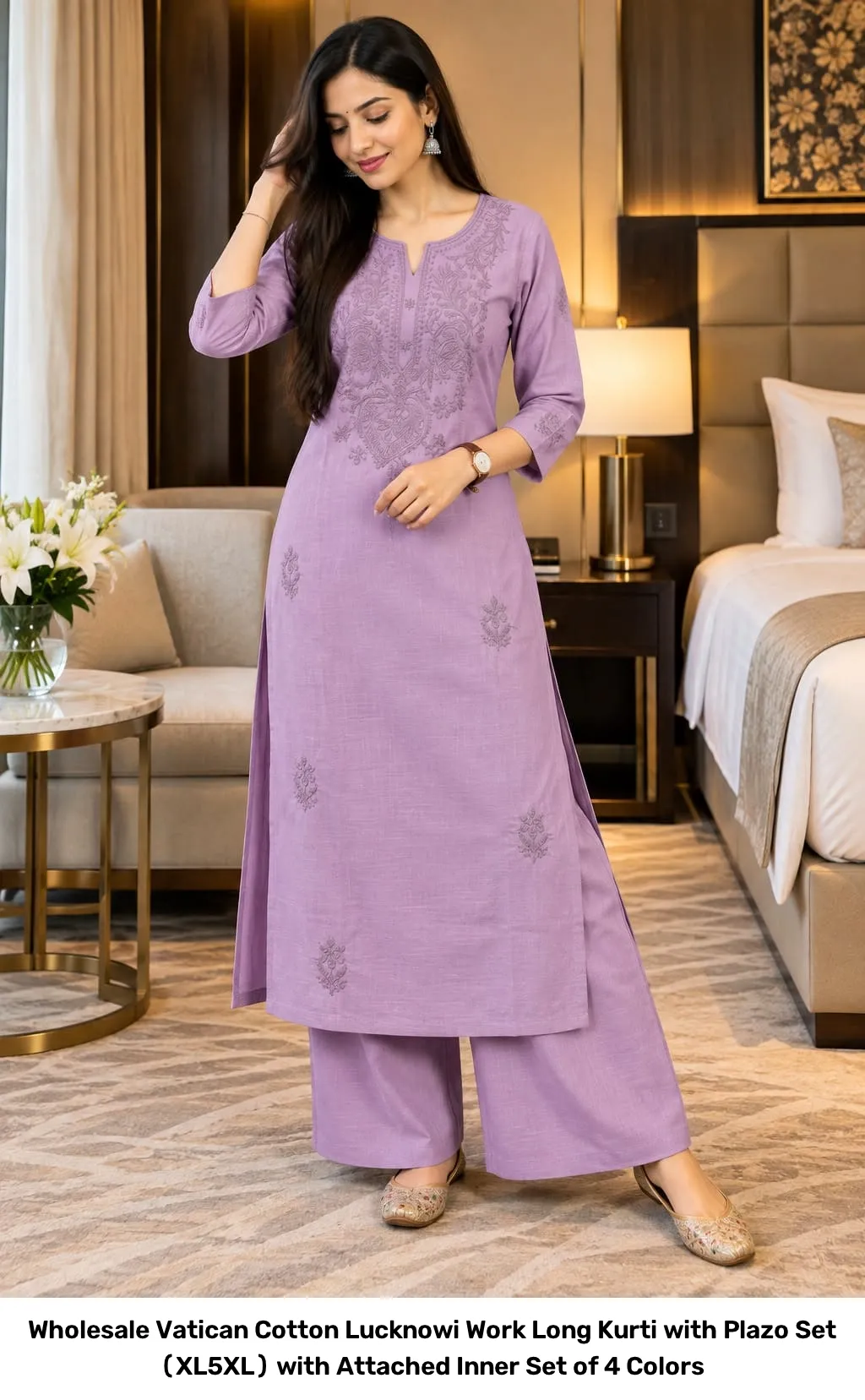 Wholesale Vatican Cotton Lucknowi Work Long Kurti with Plazo Set (XL–5XL) with Attached Inner – Set of 4 Colors 4