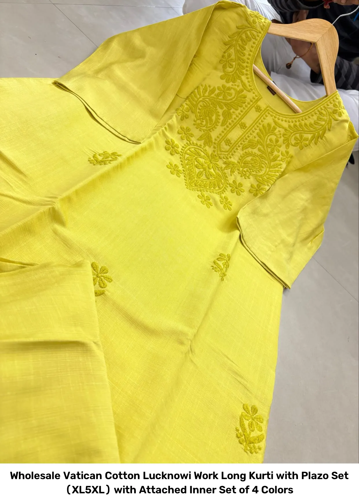 Wholesale Vatican Cotton Lucknowi Work Long Kurti with Plazo Set (XL–5XL) with Attached Inner – Set of 4 Colors 5