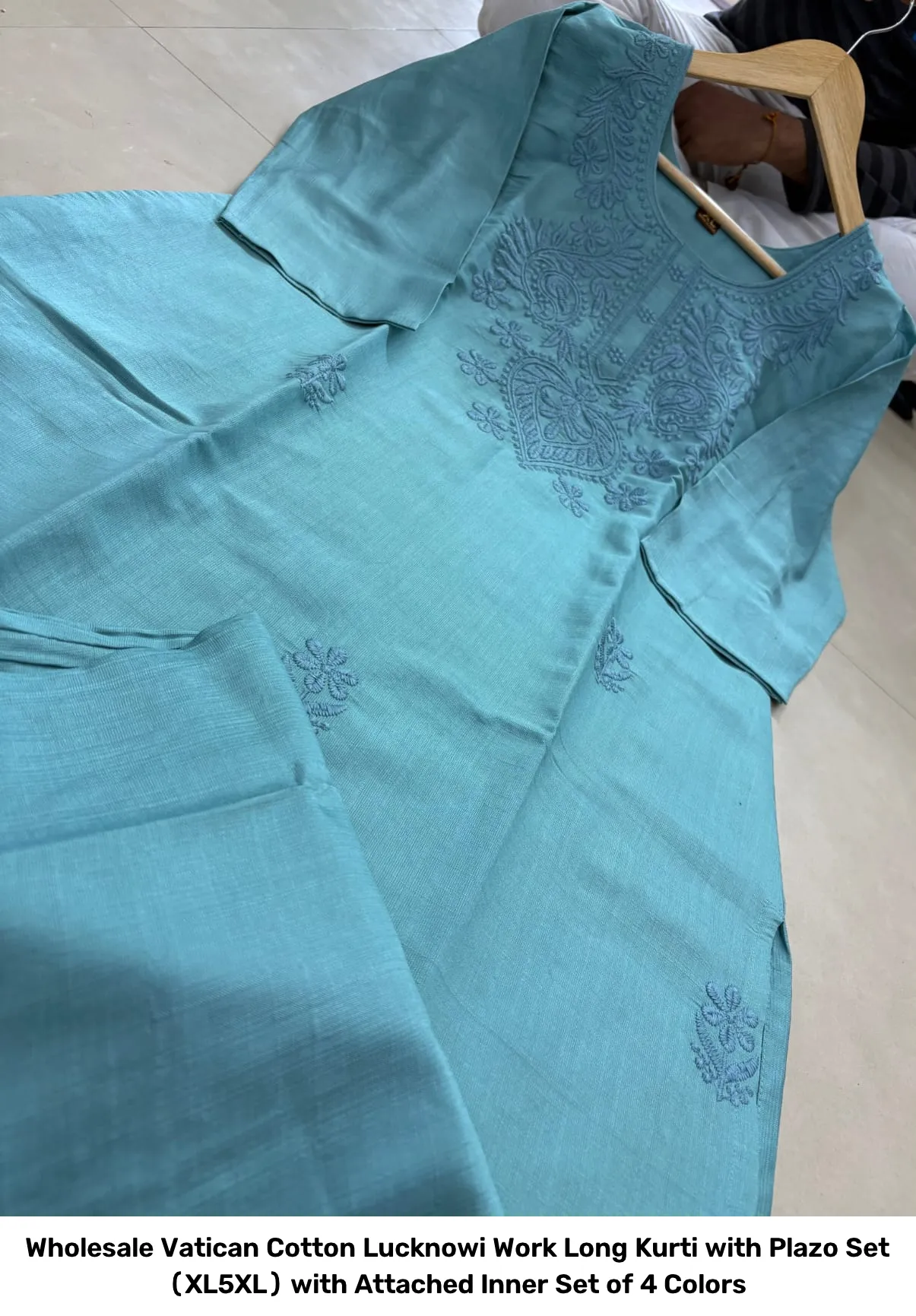 Wholesale Vatican Cotton Lucknowi Work Long Kurti with Plazo Set (XL–5XL) with Attached Inner – Set of 4 Colors 6
