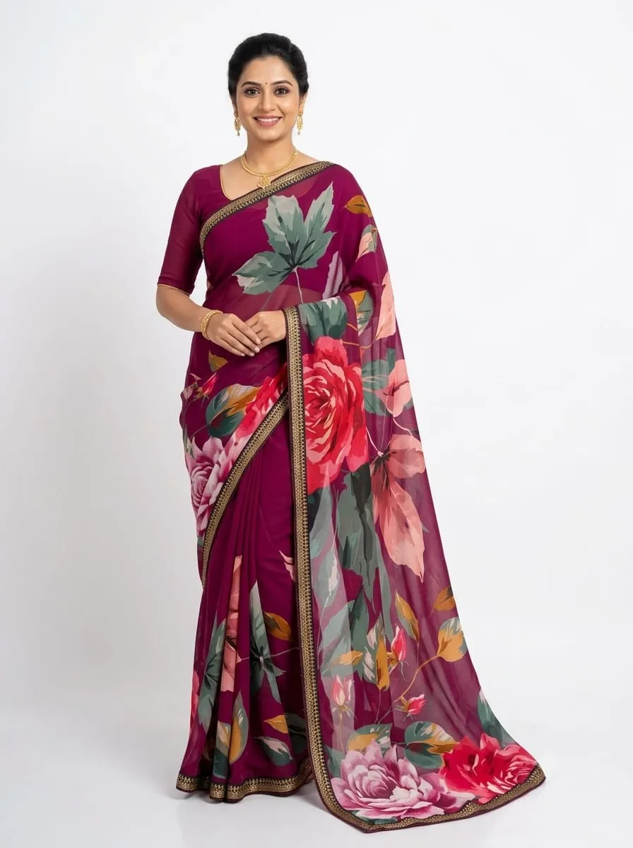 Wine Floral Print Chiffon Saree with Zari Embroidered Border & Blouse Piece