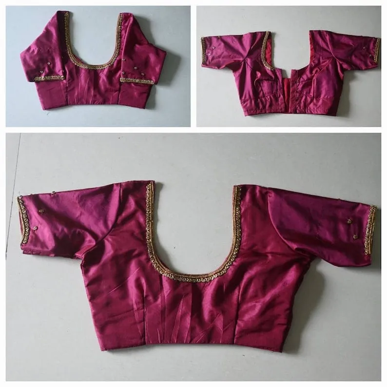 Wine Magenta Raw Silk Readymade Blouse | Minimal Gold Aari Border Neckline Saree Blouse