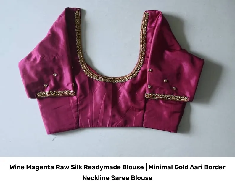 Wine Magenta Raw Silk Readymade Blouse | Minimal Gold Aari Border Neckline Saree Blouse 2