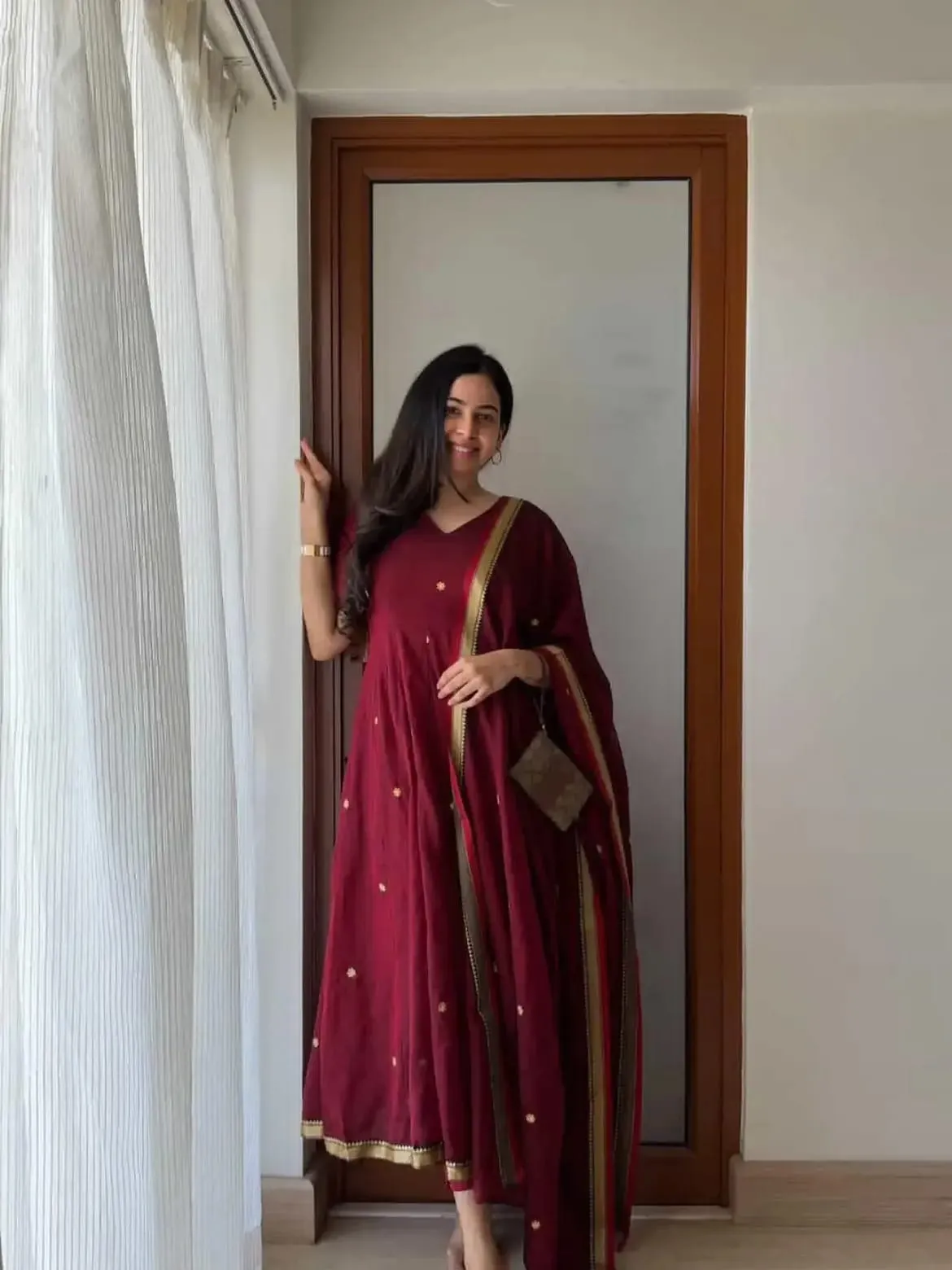 Wine Maroon Banarasi Silk Jacquard Suit Set | Festive Anarkali Kurta Pant with Zari Dupatta 3-Piece Set (Wholesale)