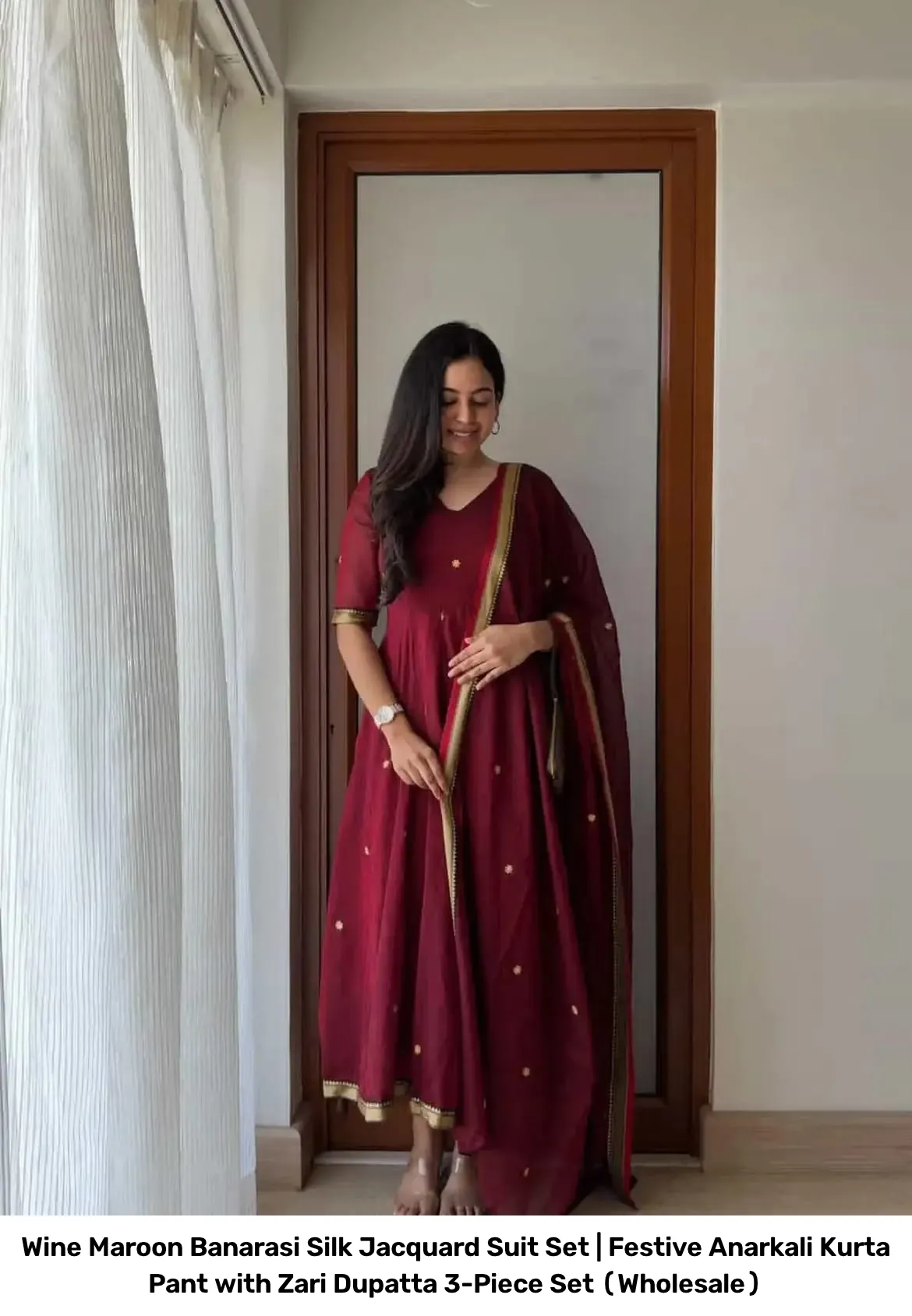 Wine Maroon Banarasi Silk Jacquard Suit Set | Festive Anarkali Kurta Pant with Zari Dupatta 3-Piece Set (Wholesale) 2