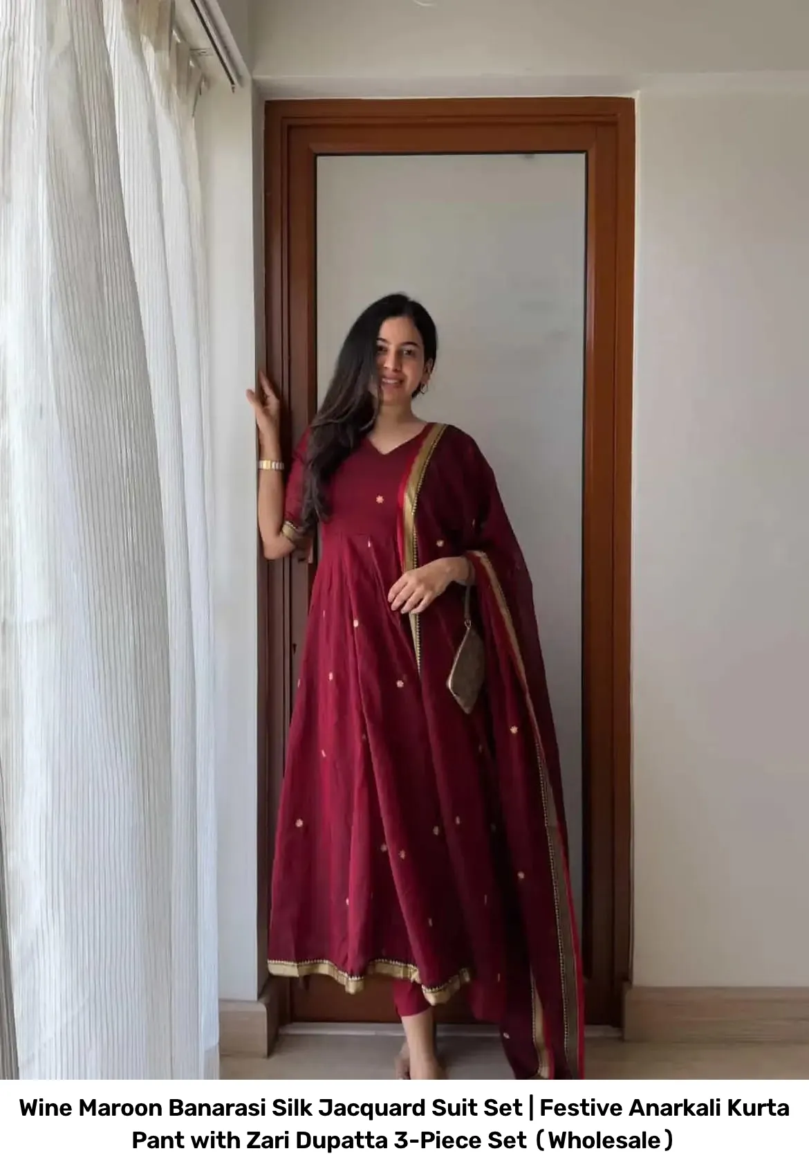 Wine Maroon Banarasi Silk Jacquard Suit Set | Festive Anarkali Kurta Pant with Zari Dupatta 3-Piece Set (Wholesale) 3