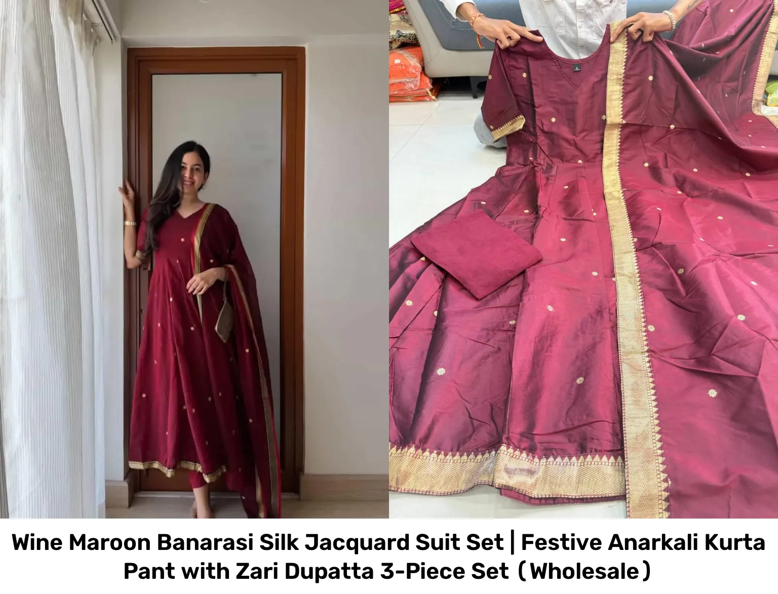 Wine Maroon Banarasi Silk Jacquard Suit Set | Festive Anarkali Kurta Pant with Zari Dupatta 3-Piece Set (Wholesale) 4