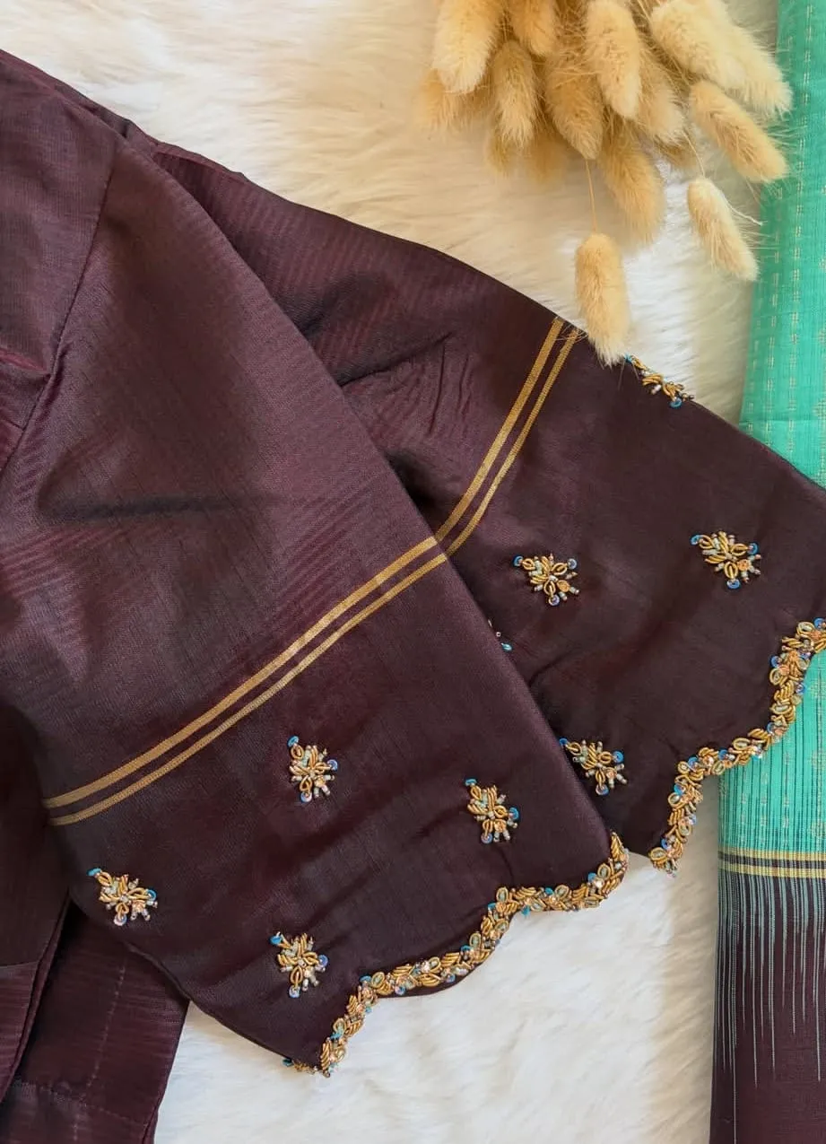 Wine Maroon Maggam Work Blouse – Zardozi & Beadwork Round Cutout Back Neck Blouse
