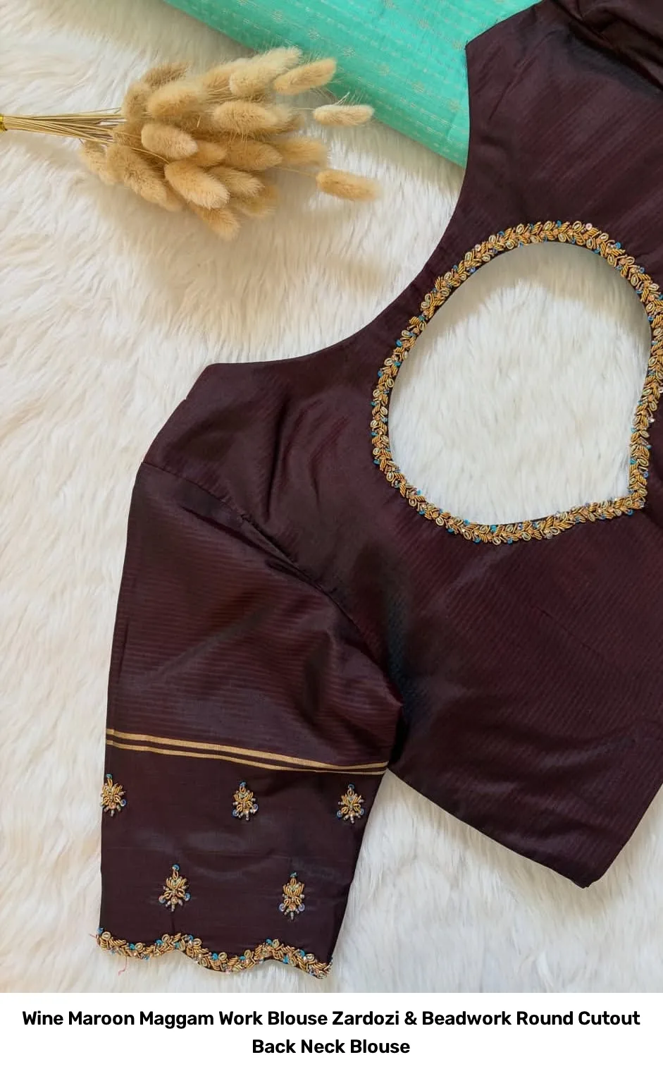 Wine Maroon Maggam Work Blouse – Zardozi & Beadwork Round Cutout Back Neck Blouse 2