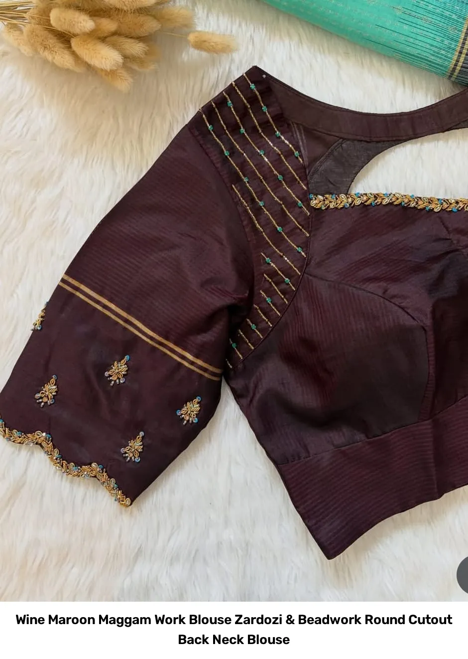 Wine Maroon Maggam Work Blouse – Zardozi & Beadwork Round Cutout Back Neck Blouse 3