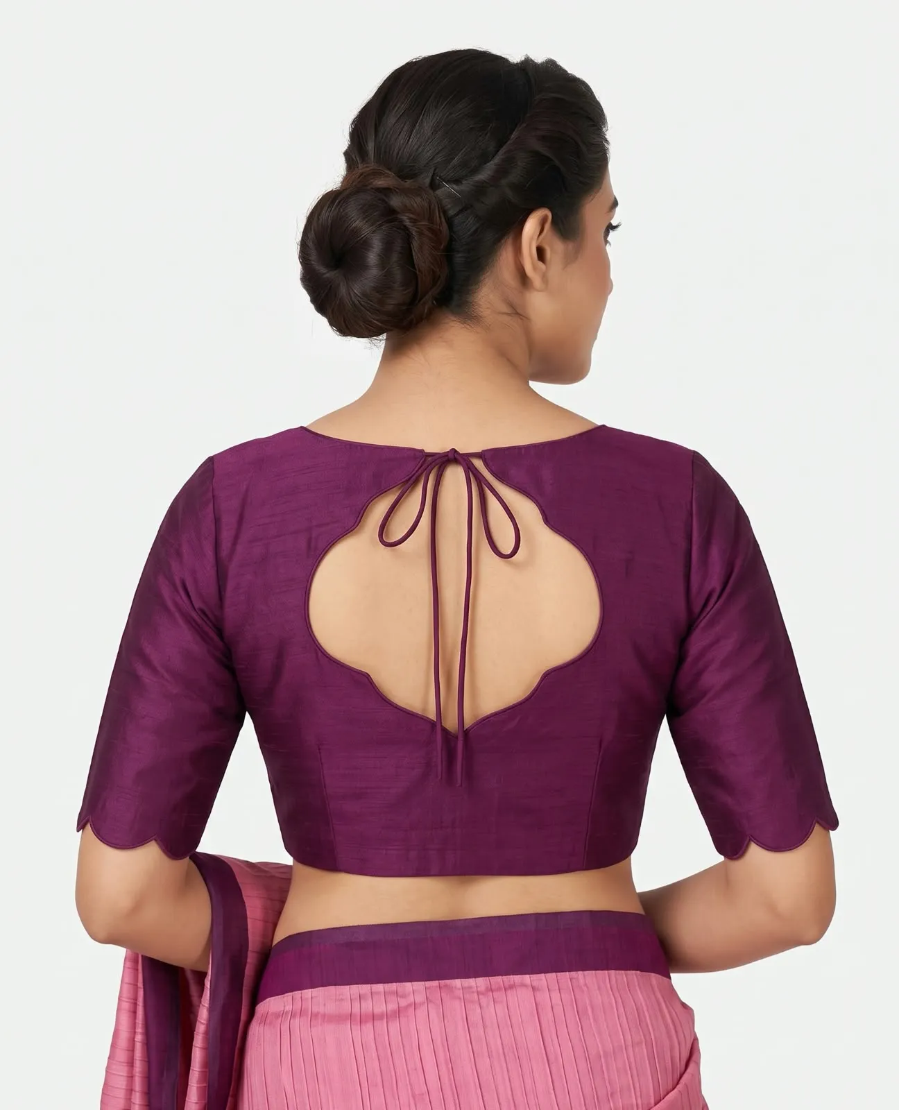 Wine Plum Silk Blouse with Scallop Cut Out Back