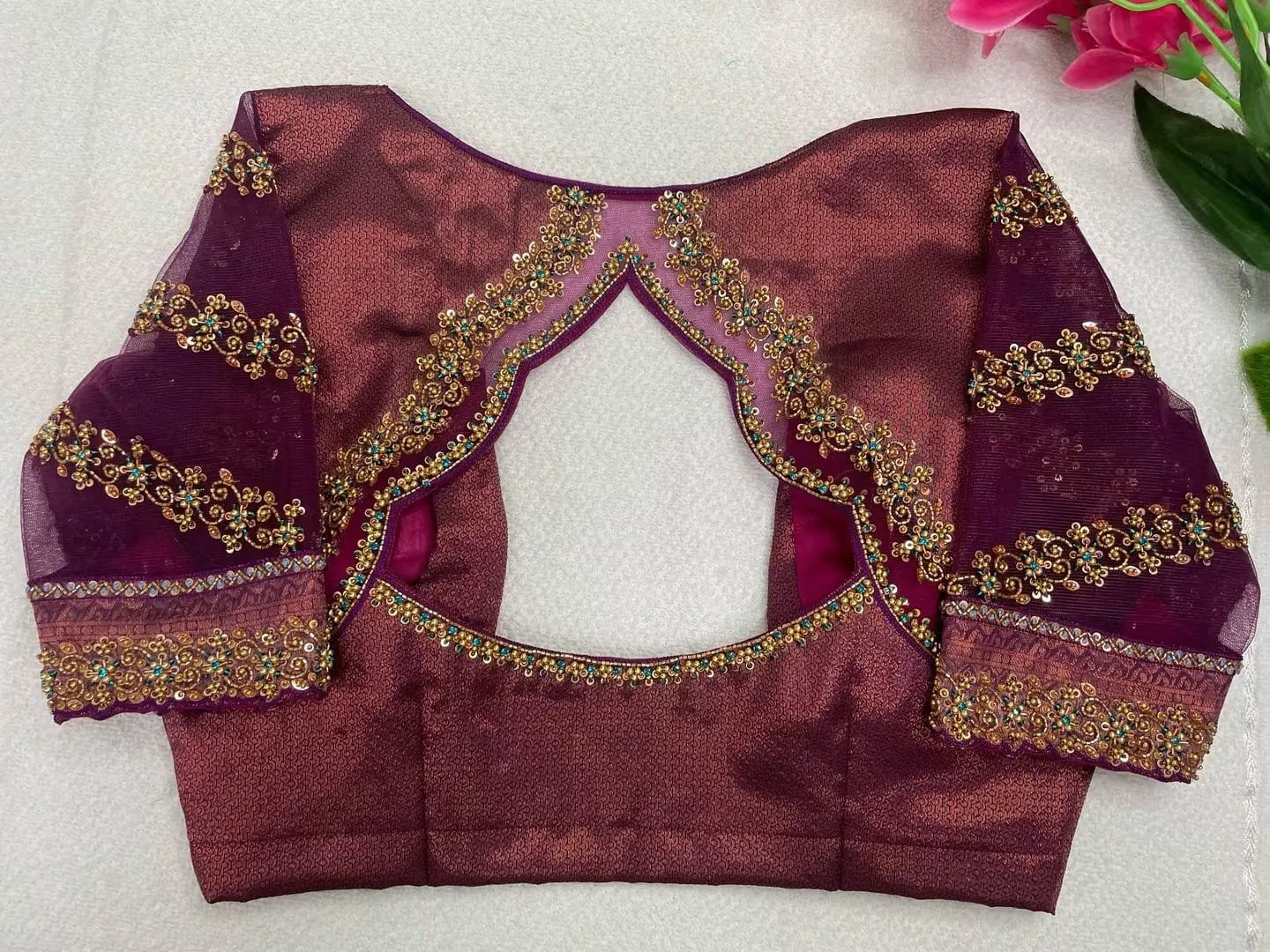 Wine Purple Silk Maggam Work Blouse | Geometric Cutout Back Neck with Sheer Organza Diagonal Floral Sleeves