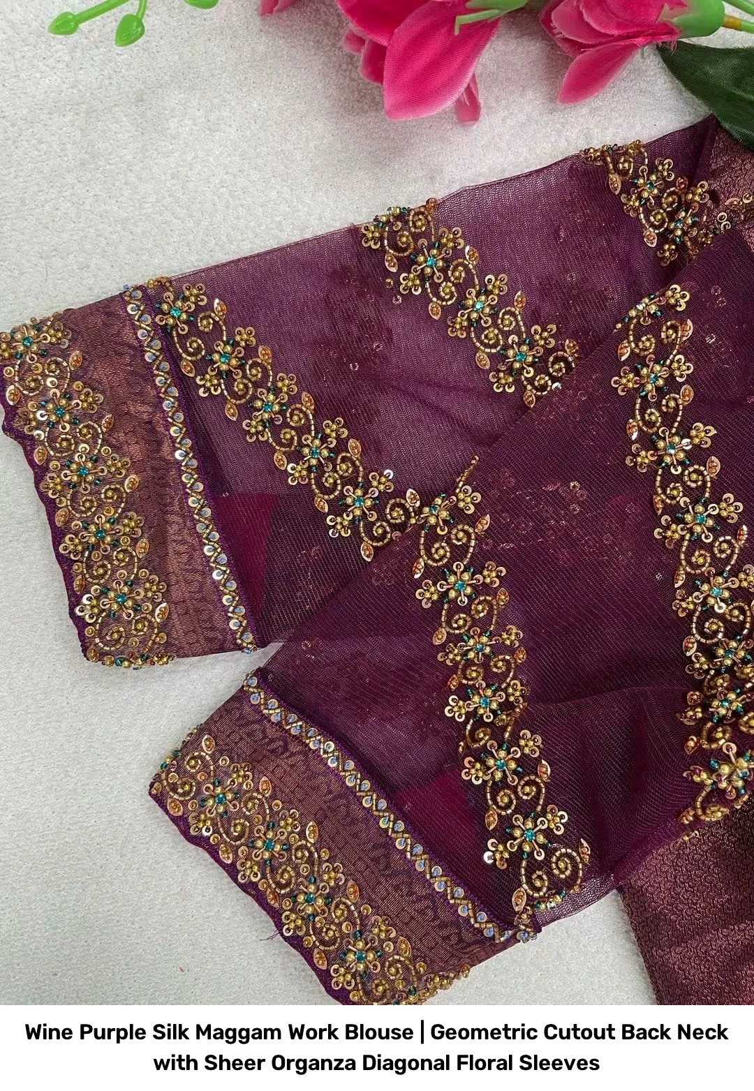 Wine Purple Silk Maggam Work Blouse | Geometric Cutout Back Neck with Sheer Organza Diagonal Floral Sleeves 2