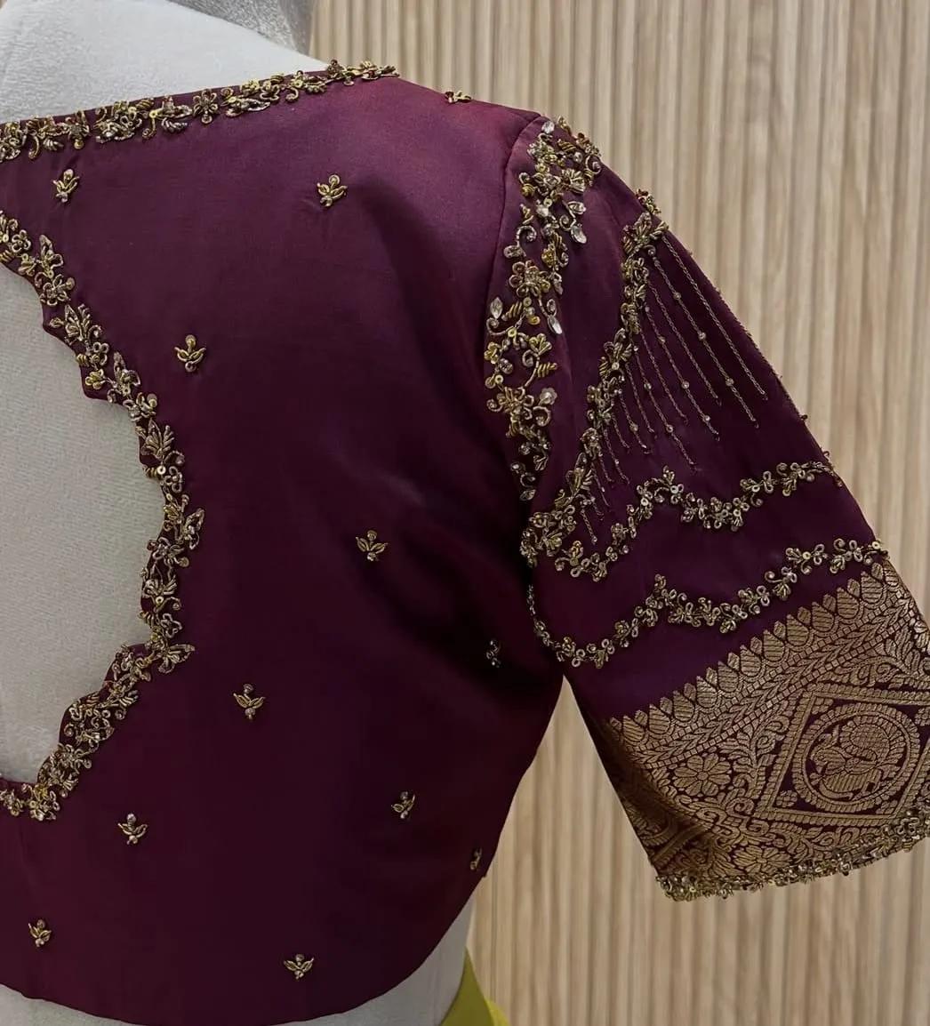 Wine Silk Blouse with Cutwork Back Chandelier Maggam Sleeve